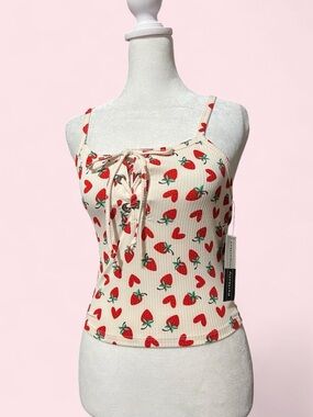 Small Strawberry Lace-Up Ribbed Cami Tank Top - Cream/Red